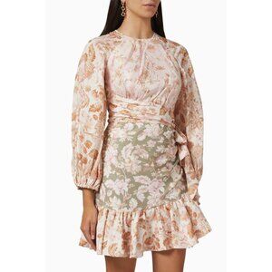 NWT Zimmermann Lyre Wrap Billow Mini Dress US 6 Linen Ruffle Long Sleeve $795